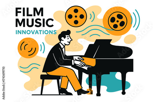 Cinematic Soundscapes. Film Music Innovations. A composer at a glowing piano with abstract floating film reels and sound waves around them, symbolizing