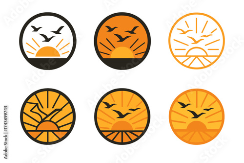 Migratory Bird Emblems. A flock of birds migrating across the sky at sunset, silhouetted against the colorful horizon. Set Logo of migratory emblem: circular