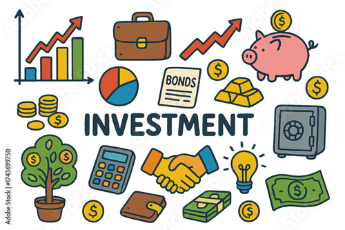 Colorful Investment Icons. Investment. Colorful Hand-drawn doodle Children illustration Bar chart, stock arrow, pie chart, piggy bank, gold bars, coins, bonds
