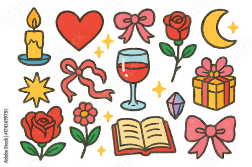 Romantic Symbols Doodle. Romantic. Colorful Hand-drawn doodle Children illustration Candle, heart, ribbon, rose, sparkles, wine glass, flame, flower, star,