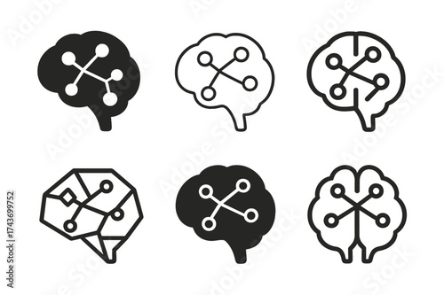 AI Ethics Logos. Ethical AI coder collectives. Set Logo of AI ethics: brain with ethical nodes. harmonious logo variations of the same emblematic concept, each
