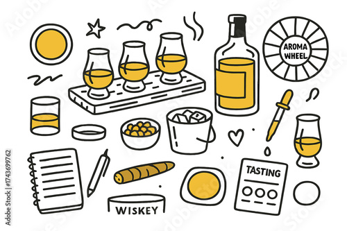 Whiskey Tasting Essentials. Whiskey tasting. Hand-drawn doodle illustration whiskey tasting flight board (accented), tasting glasses (accented), whiskey bottle