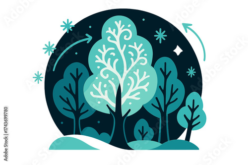 Frosted Tree Magic. Icy grove. A cluster of frosted trees forming glowing patterns, with abstract snowflake symbols orbiting like stars. A sense of quiet