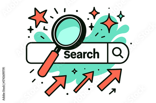 Curiosity in Motion. Search engine. A glowing magnifying glass over a browser bar, abstract floating stars, sparkles, and arrows showing curiosity