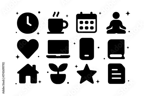 Work-Life Balance Icons. Work-life balance. Solid icons set of Work-life balance: clock, coffee cup, calendar, yoga pose, heart, laptop, smartphone, book,