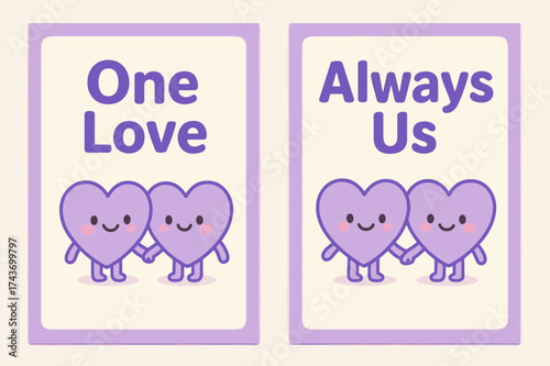 Kawaii Heartful Banners. Love. Two vertical A6 banners with safe margins, centered composition, no elements touching edges, kawaii style, lavender and cream,