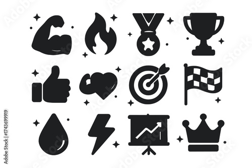 Fitness Icons Grid. Fitness Motivation. Solid icons set of Fitness Motivation: muscle arm, flame, star medal, trophy, thumbs up, strong heart, target bullseye,
