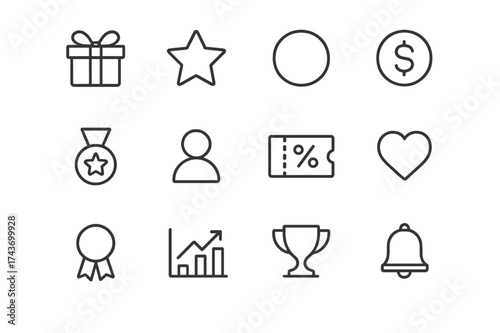Loyalty Program Icons. Loyalty Programs. Line icon set of Loyalty Programs: gift box, star, badge, coin, medal, user profile, coupon, heart, ribbon, chart,