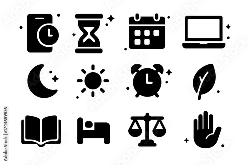 Screen Time Icons. Screen time balance. Solid icons set of Screen time balance: smartphone with clock, hourglass, calendar, laptop, moon, sun, alarm clock,