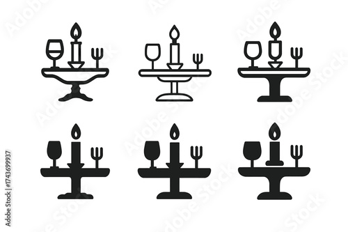 Romantic Logo Variations. Romantic getaways and vacations. Set Logo of Romantic getaways and vacations: Candlelit table setting. harmonious logo variations of