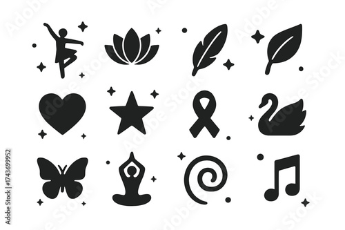 Graceful Icon Grid. Grace. Solid icons set of Grace: dancer, lotus flower, feather, leaf, heart, star, ribbon, swan, butterfly, pose figure, spiral, musical