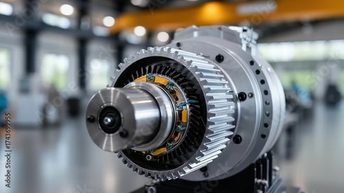 Large industrial gearbox with a splined drive shaft and gear rings, mounted on a stand in a workshop.