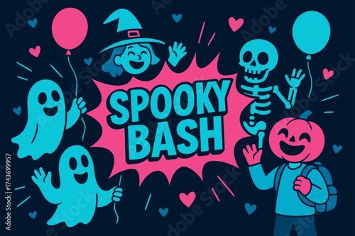 Spooky Bash Celebration. Spooky Bash banner, flat vector illustration, bold oversized text inside comic burst, cartoon characters laughing and waving, holding
