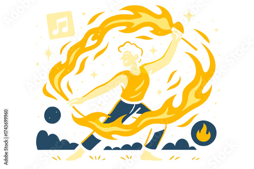Vibrant Festival Fire. Festival fire. Performer glowing as flames swirl into patterns under night sky. Floating icons of music, sparkle, and fire showing