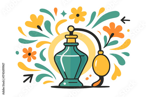 Vintage Perfume Elegance. Perfume bottle. A vintage glass perfume bottle glows with a soft halo, abstract floral shapes float outward as fragrance waves.