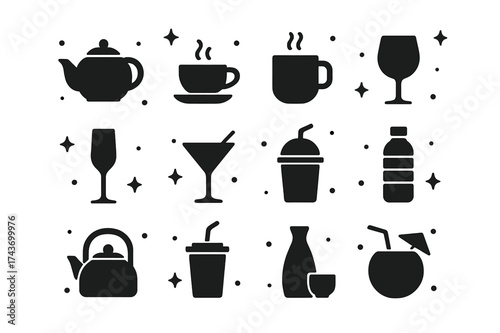 Beverage Icons Grid. Relaxing ambiance drinks. Solid icons set of teapot, tea cup, coffee mug, wine glass, champagne flute, cocktail glass, smoothie cup, water