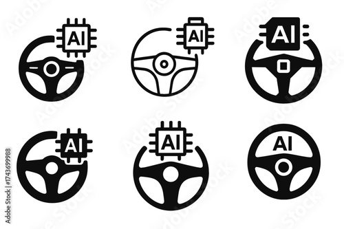 Self-Driving Car Logos. self-driving cars. Set Logo of self-driving cars: Steering Wheel + AI Chip. harmonious logo variations of the same emblematic concept,