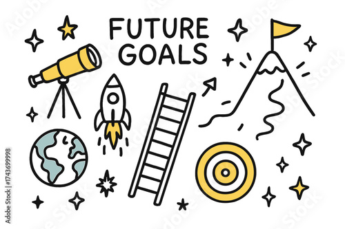 Future Aspirations Doodle. Future Goals. Hand-drawn doodle illustration telescope (colored), rocket, ladder (colored), stars, mountain peak (colored), flag,