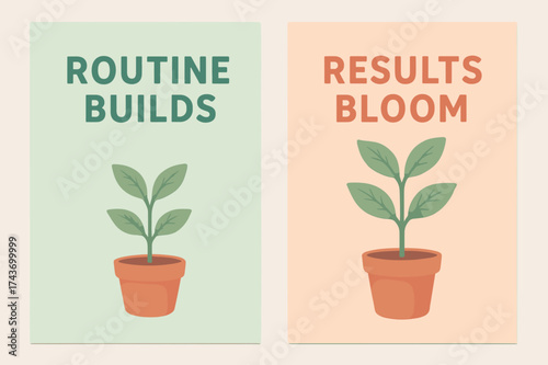 Routine to Results. Growth. Two vertical A6 banners with safe margins, centered composition, no elements touching edges, pastel style, mint and peach, plant