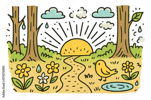 Misty Sunrise Doodle. Morning Light. Hand-drawn doodle illustration sunrise (colored), rays of light, tree trunks (colored), dew drops, flowers (colored),