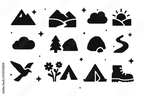 Mountain Icons Grid. Mountain landscape. Solid icons set of Mountain landscape: mountain peak, river, valley, sun, cloud, tree, rock, trail, bird, wildflowers,