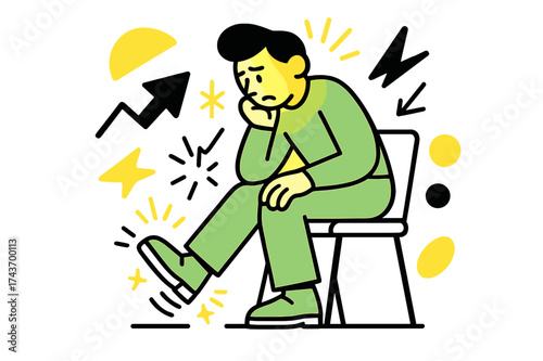 Nervous Leg Bounce. Leg Bouncing. A glowing seated character bouncing a leg nervously, abstract floating arrows and sparks showing tension. Modern flat-line