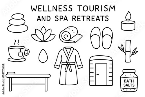 Spa Wellness Elements. Wellness Tourism and Spa Retreats. Hand-drawn doodle illustration wellness tourism and spa retreats spa stones, lotus flower, towel,