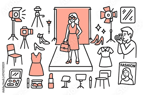 Fashion Photo Shoot Setup. Photo Shoot Setup. Hand-drawn doodle illustration photo shoot setup model (accented), camera, tripod (accented), spotlight, fashion