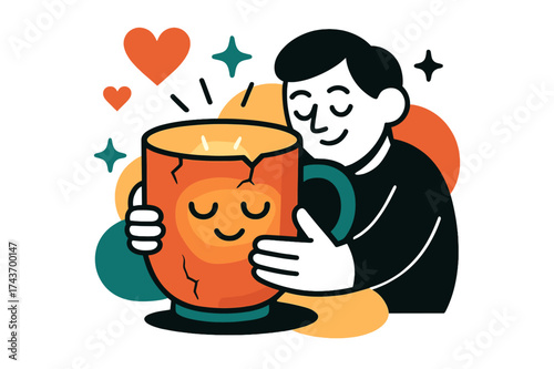 Beloved Chipped Mug. Beloved chipped mug. A glowing mug with small imperfections embraced with warmth, abstract floating hearts and stars showing love and