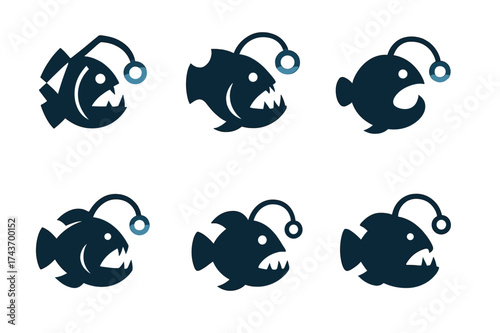 Bioluminescent Fish Logos. Exploration of ocean depths and undiscovered marine ecosystems. Set Logo of abyssal fish: glowing deep-sea fish with