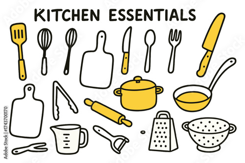Kitchen Doodle Essentials. Kitchen Essentials. Hand-drawn doodle illustration kitchen essentials spatula (accented), whisk, ladle, spoon, fork, knife