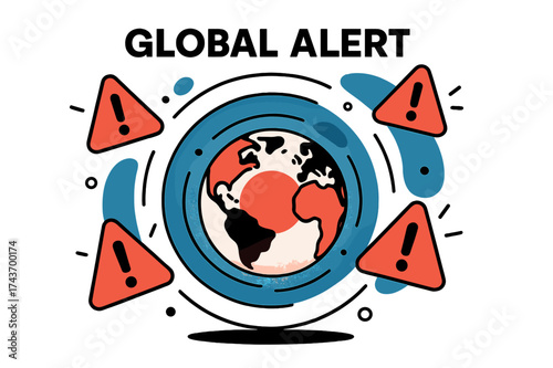 Global Alert Signal. Global Alert. A glowing globe surrounded by floating alert icons, concentric abstract rings spreading outward like a signal. Modern