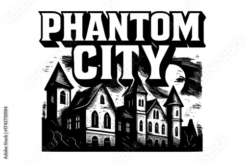 Phantom City Typography. Phantom City ? Bold Block Lettering, stacked uppercase with chunky geometric serifs, heavy outline and flat 3D shading, poster-style