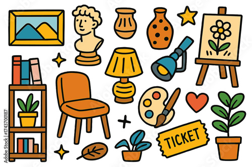 Collector's Room Doodles. Collector?s Room. Colorful Hand-drawn doodle Children illustration picture frame, sculpture, vase, canvas, bookshelf, lamp, chair,