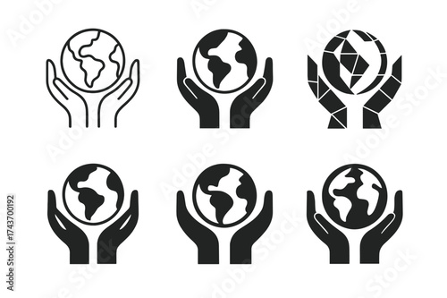 Global Unity Logos. Cross-cultural exchange programs. Set Logo of globe and hands: Earth held by two stylized hands from different sides. harmonious logo