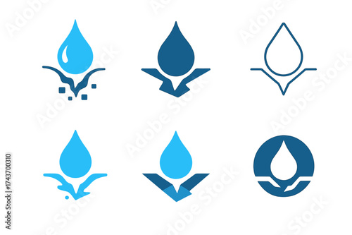 Droplet Logo Variations. Drain cleaning chemicals. Set Logo of droplet dissolve: liquid droplet breaking through clog. harmonious logo variations of the same