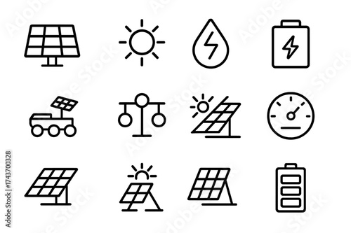Solar Energy Icons. Solar energy. Line icon set of Solar energy: solar panel, sun, energy icon, battery pack, rover solar array, power distribution, light