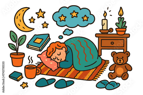 Silent Rest Scene. Silent Rest. Colorful Hand-drawn doodle Children illustration Silent Rest curled up person, pillow, blanket, teddy bear, candle, moon,