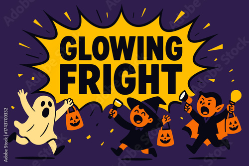 GlowingFright Burst. GlowingFright banner, flat vector illustration, bold oversized text inside comic burst, cartoon characters jumping and shouting near