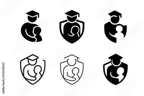School Safety Logos. Safety in schools and educational institutions. Set Logo of Safety in schools and educational institutions: Teacher and student
