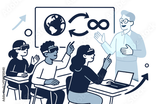Virtual Climate Class. Climate education future. Teacher glowing in virtual classroom with students wearing AR glasses, exploring climate scenarios. Floating