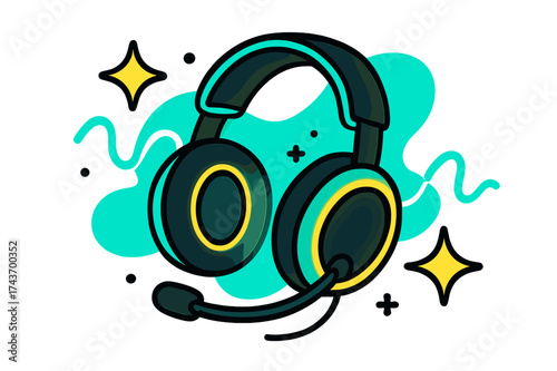 Glowing Gaming Headset. Gaming Headset. A glowing headset with attached mic, abstract floating sound waves and spark shapes orbiting around. Modern flat-line