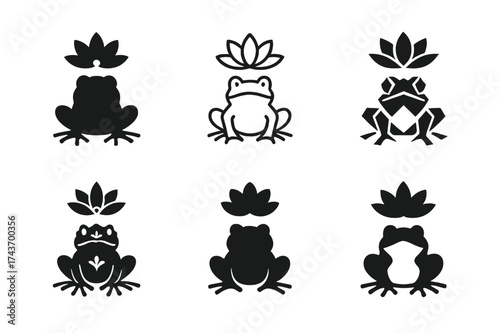 Frog Logo Variations. Endangered species and their protection. Set Logo of frog: amphibian silhouette with water lily. harmonious logo variations of the same