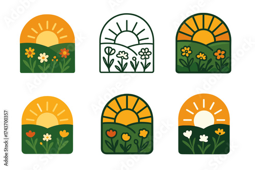 Sunrise to Sunset Emblems. Sunrise and sunset over natural landscapes. Set Logo of Sunrise and sunset over natural landscapes: Meadow of wildflowers at