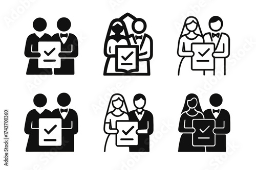 Wedding Logo Variations. Couple holding wedding certificates. Set Logo of Celebration: bride and groom icon. harmonious logo variations of the same emblematic