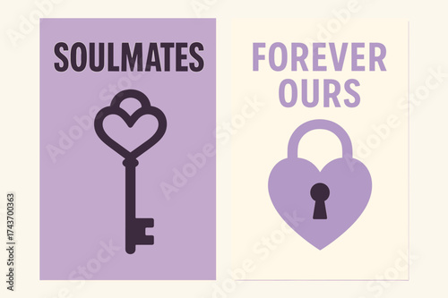 Soulmates Banners Design. Soulmates. Two vertical A6 banners, bold, lavender and cream backgrounds, matching keys and heart lock with clean lines, first banner