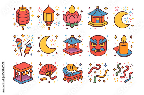 Lantern Festival Icons. Lantern Festival. Colorful isometric vector icons set of lantern festival: lanterns, fireworks, moon, temple, drum, stage, mask, fan,