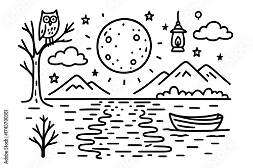 Moonlight Doodle Scene. Moonlight Reflection. Hand-drawn doodle illustration moonlight reflection full moon, water surface, ripples, stars, clouds, tree