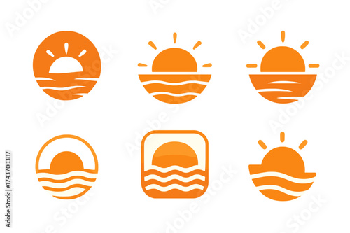Sunset Logo Variations. Long summer days and sunsets. Set Logo of Long summer days and sunsets: Sunset over ocean horizon. harmonious logo variations of the