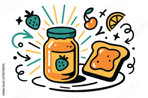 Sweet Morning Delight. Jam breakfast. Glowing jar of jam with toast and abstract floating fruit icons, light beams emphasizing morning freshness and sweetness.